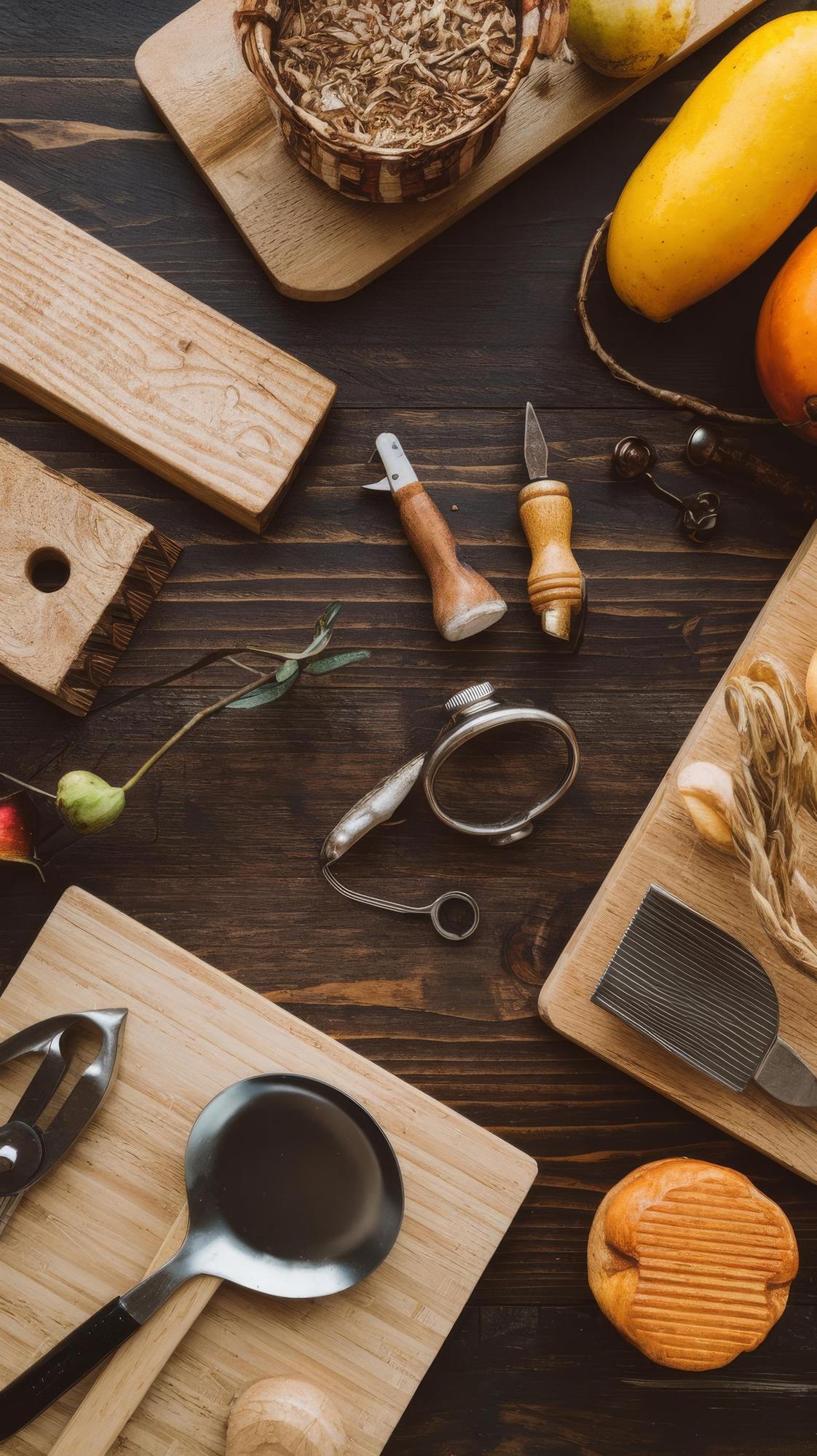 Workshop kitchen with tools and produce